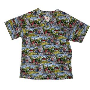 White Cross Scrub Top Womens Small Nautical Lighthouse Coastal Village Print